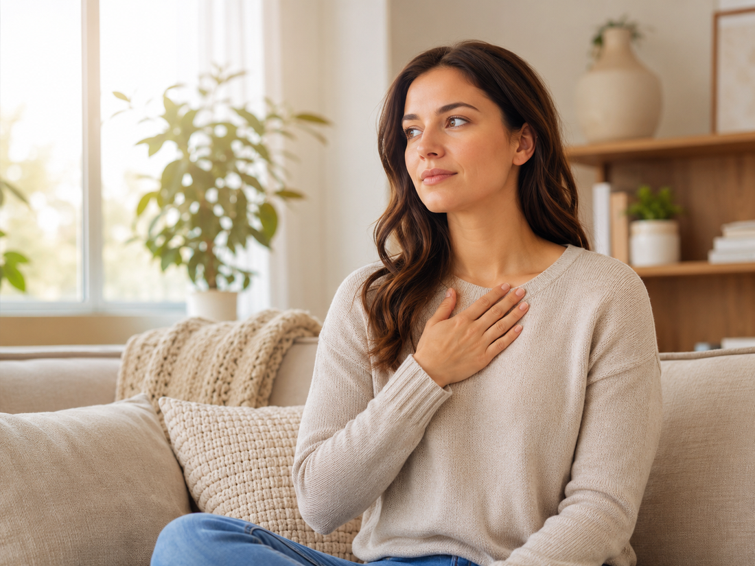 Woman holding her chest while experiencing panic attack symptoms at home